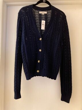 LOFT Navy Open-Knit V-Neck Button Cardigan Sweater